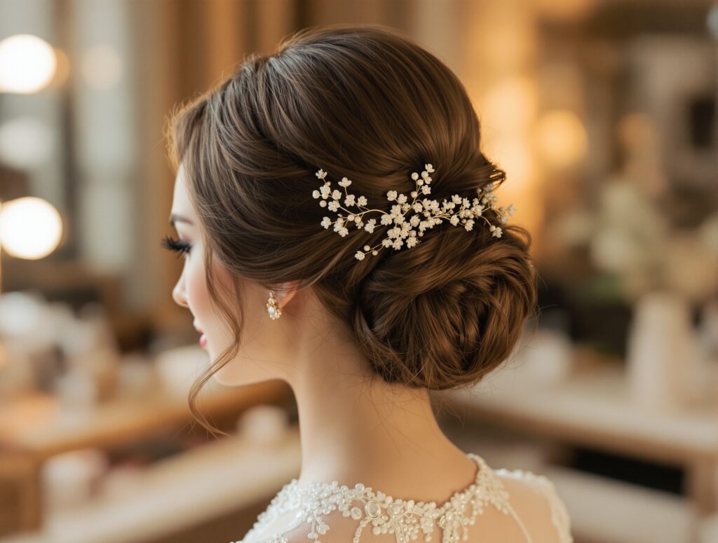 Recogido de novia con ondas suaves visto desde atrás