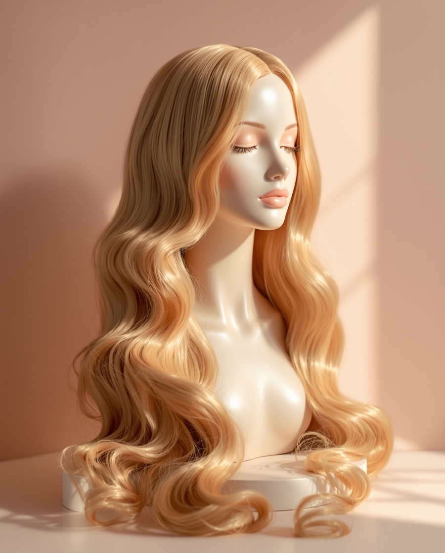Peluca de cabello natural expuesta sobre un cabezal en tonos cálidos