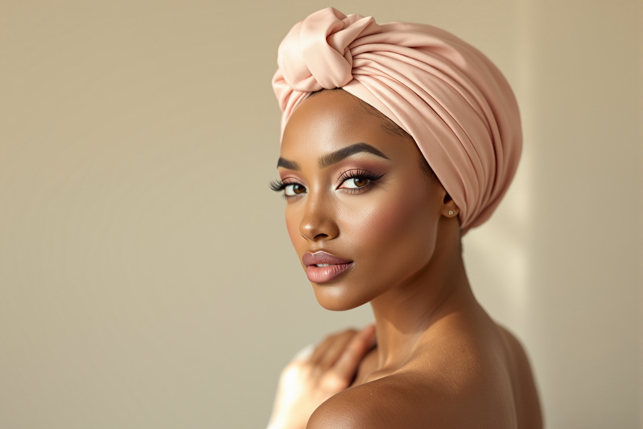 Mujer luciendo un turbante de tela en tono rosa empolvado