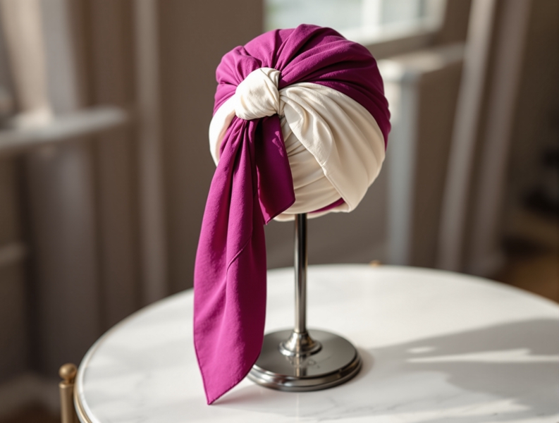 Turbante preformado en tono magenta sobre un soporte